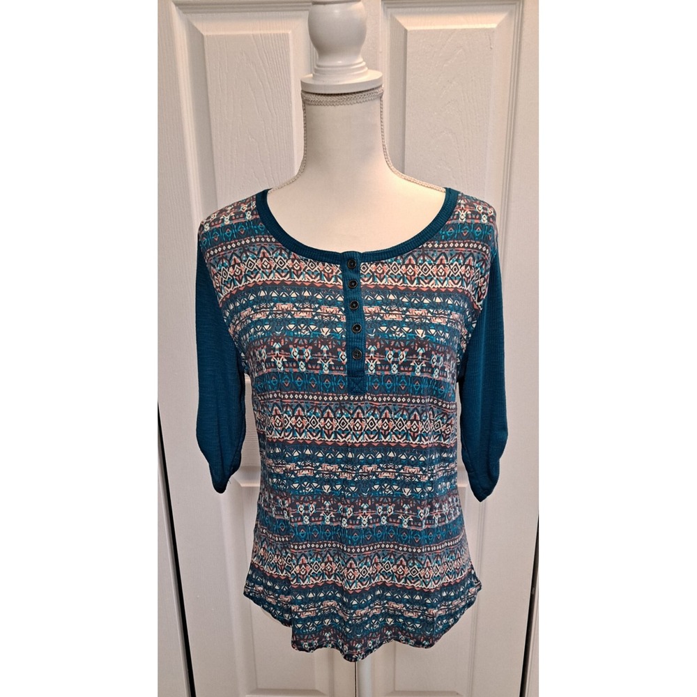 Bit & Bridle Shirt Womens Medium M 3/4 Roll Tab Aztec Henley Teal Blue
